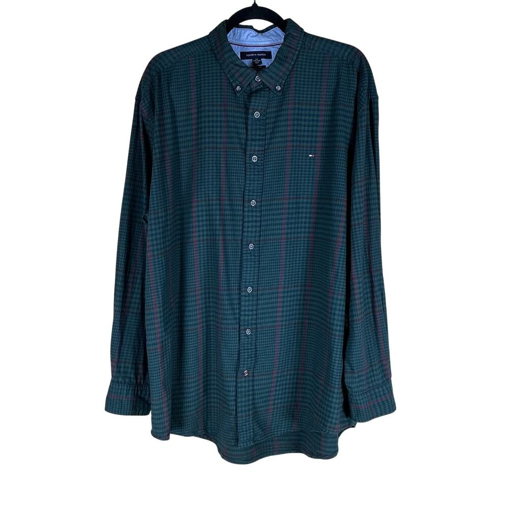 Tommy Hilfiger Shirt Men’s XXL Green Red Plaid Classic Fit Button Up Stretch